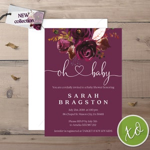 Baby Shower Invitations, New Baby Invitations, Party Invitations, Autumn Baby Announcement, Plum, Burgundy, Elegant Baby Shower Invitation