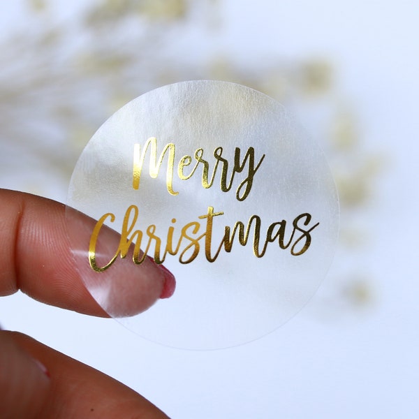 Real Gold Foil Merry Christmas Stickers Clear Stickers Rose Gold Silver Foil Gift Labels Holiday Gift Tag