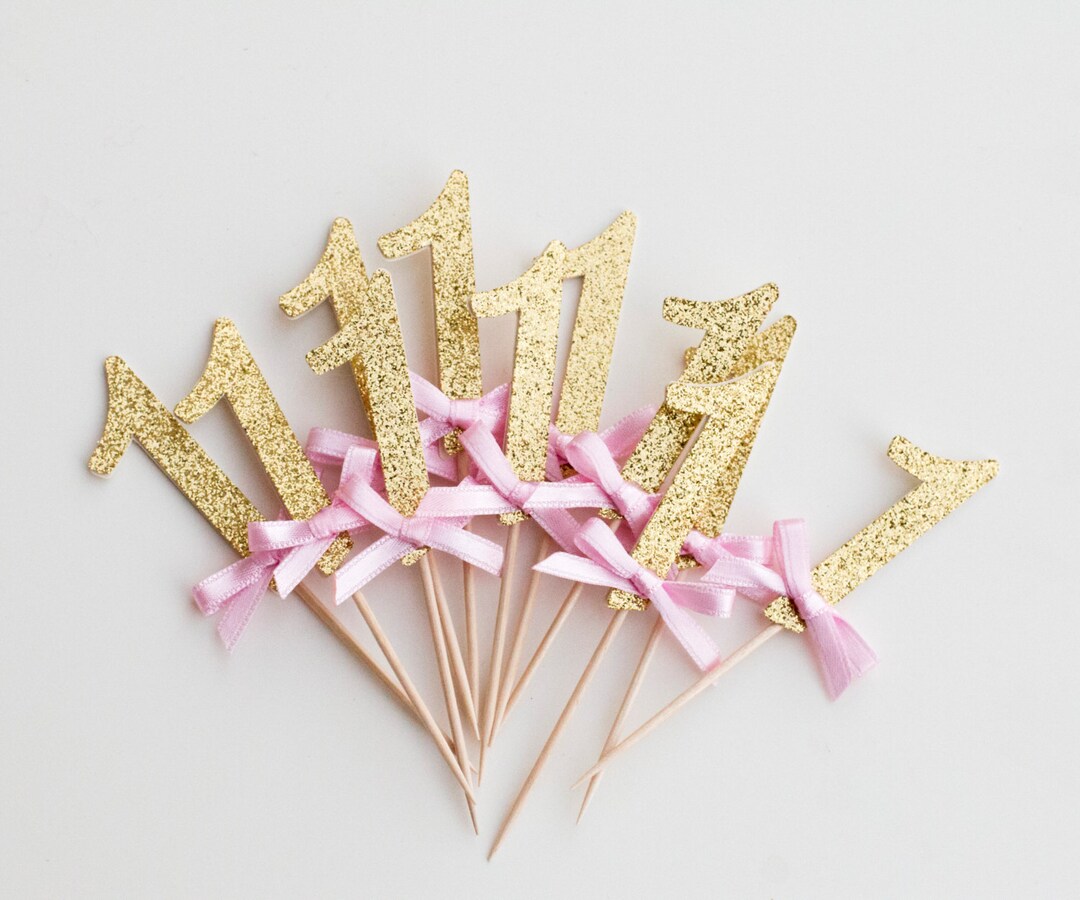 Gold Glitter Number Cupcake Toppers: Pink Bow, First Birthday ...