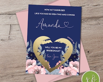 Tarjeta para raspar de propuesta de dama de honor: Floral azul marino, personalizada