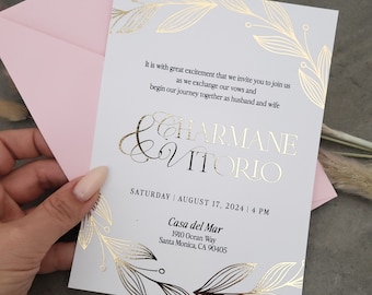 Gold Foil Wedding Invitations Elegant White Card with Envelope
