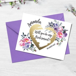 Carte à gratter de demoiselle d'honneur Serez-vous ma demoiselle d'honneur ? Faire-part de demoiselle d'honneur Cartes de mariage Cadeau de demoiselle d'honneur en violet
