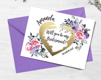 Bridesmaid Scratch Card Will You Be My Bridesmaid? Card Bridesmaid Proposal Maid of Honor Wedding Cards Bridesmaid Gift in Purple