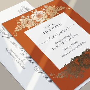 Cartes "Retenez cette date" modernes en terre cuite pour mariages avec de véritables ornements de fleurs en feuille d'or, 5 x 7 ou 4 x 6 pouces, faites vos réservations personnalisées en cuivre