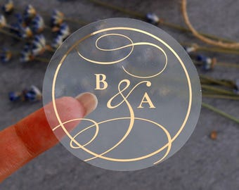 Personalisierte Hochzeitsetiketten für Gastgeschenke mit Monogramm, transparente Goldfolie, elegante Hochzeitsetiketten für Tassen, Gläser, Taschen