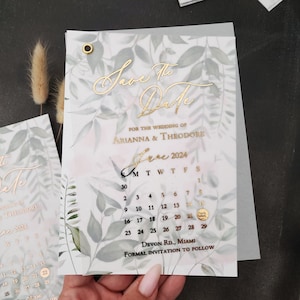 Greenery Save the Date für Hochzeit, Eukalyptus Save the Dates Karten mit Goldfolien Pergament-Overlay, Roségold Save the Date Einladungen