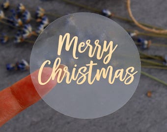 Foiled Merry Christmas Stickers: Gift Wrap Labels - Clear or White