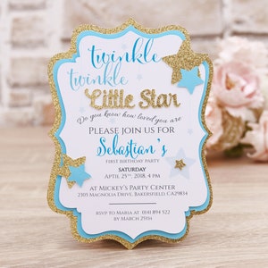 Twinkle Twinkle Little Star Erster Geburtstag Einladungskarte, Blau und Gold Baby Boy First Birthday Party Einladungen, 1st Birthday Invite