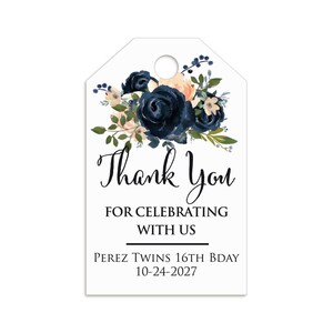 XOXOKristen custom Navy Floral Thank You Tags displayed on a white background with elegant navy roses, blush florals, and greenery accents, perfect for weddings or birthdays.