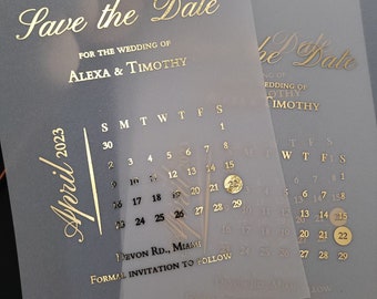 Papel de calendario Guarde las fechas Boda de pergamino dorado Guarde las tarjetas de fecha Invitaciones personalizadas para guardar nuestra fecha Invitación esmerilada personalizada de oro rosa