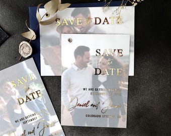 Save the Date Photo Wedding Card, Gold Foiled Translucent Wedding Announcement Invite