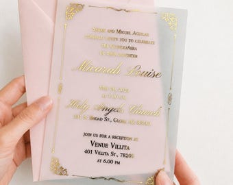 Vellum Quinceanera Invitations, Gold Foil XV Invitation, Personalized Sweet 15 Invite, Custom Quince invitations, Luxury Frame & Ornaments