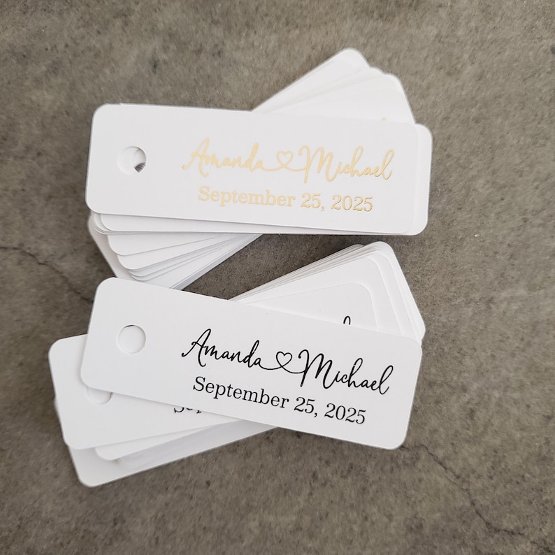 XOXOKristen Custom Personalized extra small wedding favor tags with black ink or foiled print, rectangular shape on white cardstock, Birthday thank you gift tags, Bridal shower tags, customized with names and date