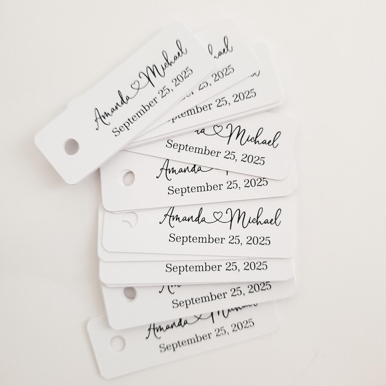 XOXOKristen Custom Personalized extra small wedding favor tags with black ink or foiled print, rectangular shape on white cardstock, Birthday thank you gift tags, Bridal shower tags, customized with names and date