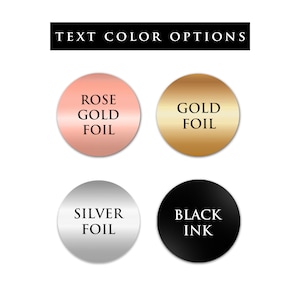 catalog with text color options -  rose gold foil, gold foil, silver foil, and black ink