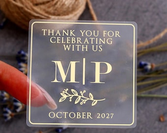 Custom Wedding Thank you Stickers for Favors Monogram Stickers Square Personalized Clear White Labels with Gold Foil