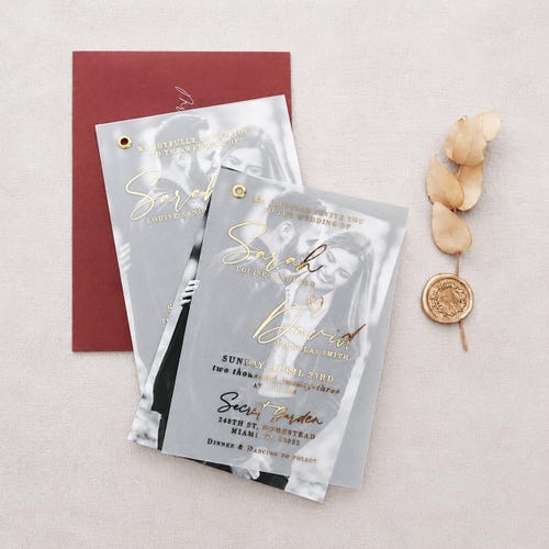 Elegant Wedding Invitations with Photo Custom Wedding Invite with Picture Mariage Invitations Vellum Paper Gold, Rose Gold, Silver
