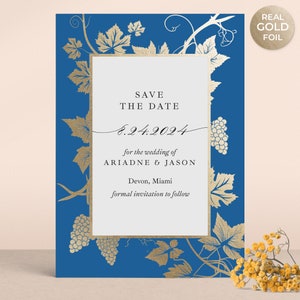 Cartes "retenez cette date" pour mariage, bleu royal, faire-part "retenez cette date" en métal doré avec enveloppes, mariage dans un domaine viticole, luxe rustique feuille de vigne