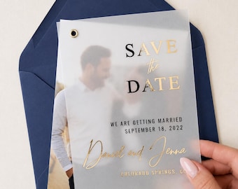 Wedding Save the Date Cards Photo and with Gold Foil, Personalized Modern Vellum Invitation, Destination Wedding Save the Date
