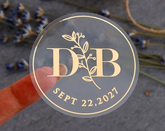 Wedding Stickers for Favors Personalized Save the Date Envelope Seals Labels with Monograms Clear or White, Botanical, Gold, Rose, Silver