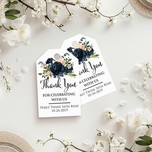 XOXOKristen custom Navy Floral Thank You Tags with dark blue watercolor roses and soft peach blossoms printed on matte white cardstock for personalized celebration favors.