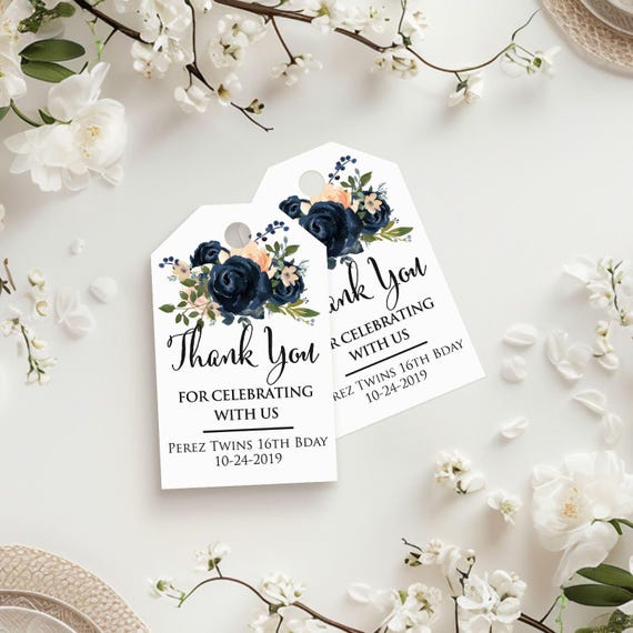 Navy Floral Thank You Tags - Personalized Custom Favor Tags