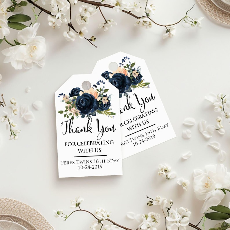 XOXOKristen custom Navy Floral Thank You Tags with dark blue watercolor roses and soft peach blossoms printed on matte white cardstock for personalized celebration favors.