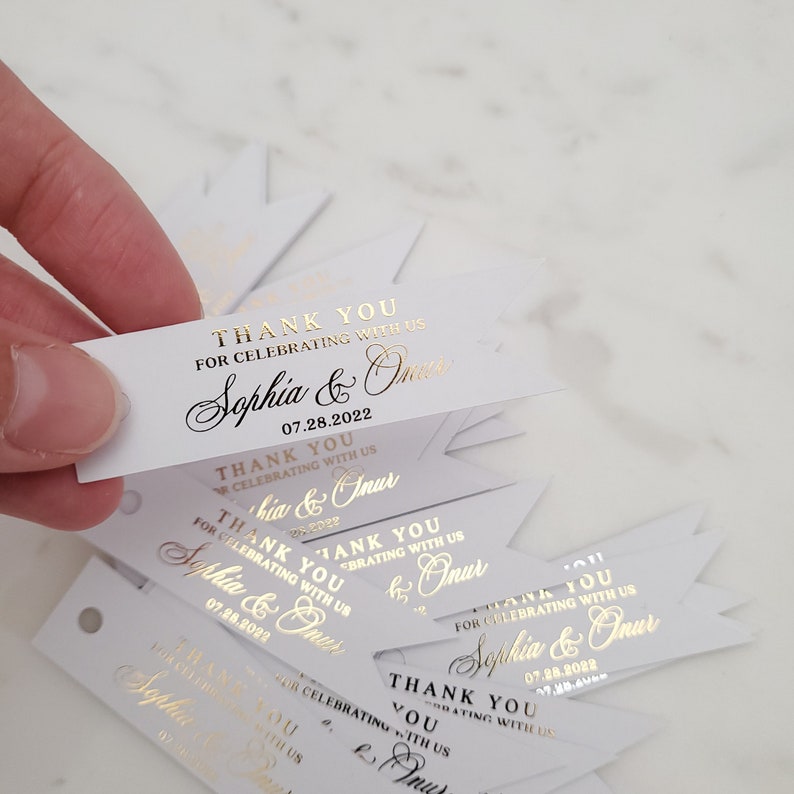 Custom Wedding Favor Gold Foiled Thank you for celebrating with us Tags, Personalized Gift Bags Hang Tags, Wedding Thank you Tags, Gift Tag image 6