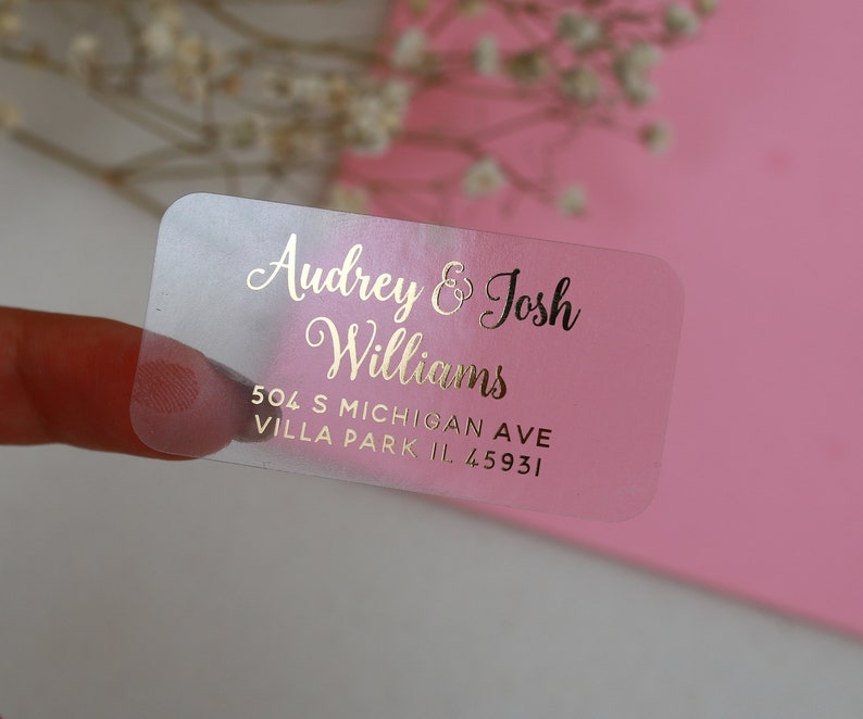 XOXOKristen Personalized Custom Clear Return Address Labels, Gold Foil Stickers, Rose Gold, Silver, Transparent Address Stickers, Return Mailing Stickers, Wedding