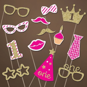 First Birthday Photo props Kit Fun to be One Photo Booth Props Pink and Gold Birthday Party Props Baby First Birthday Photo Booth Kit