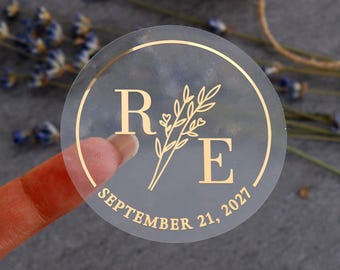 Clear Botanical Wedding Stickers, Personalized Foil Envelope Seals, Monogram Gold Foil Wedding Favor Labels