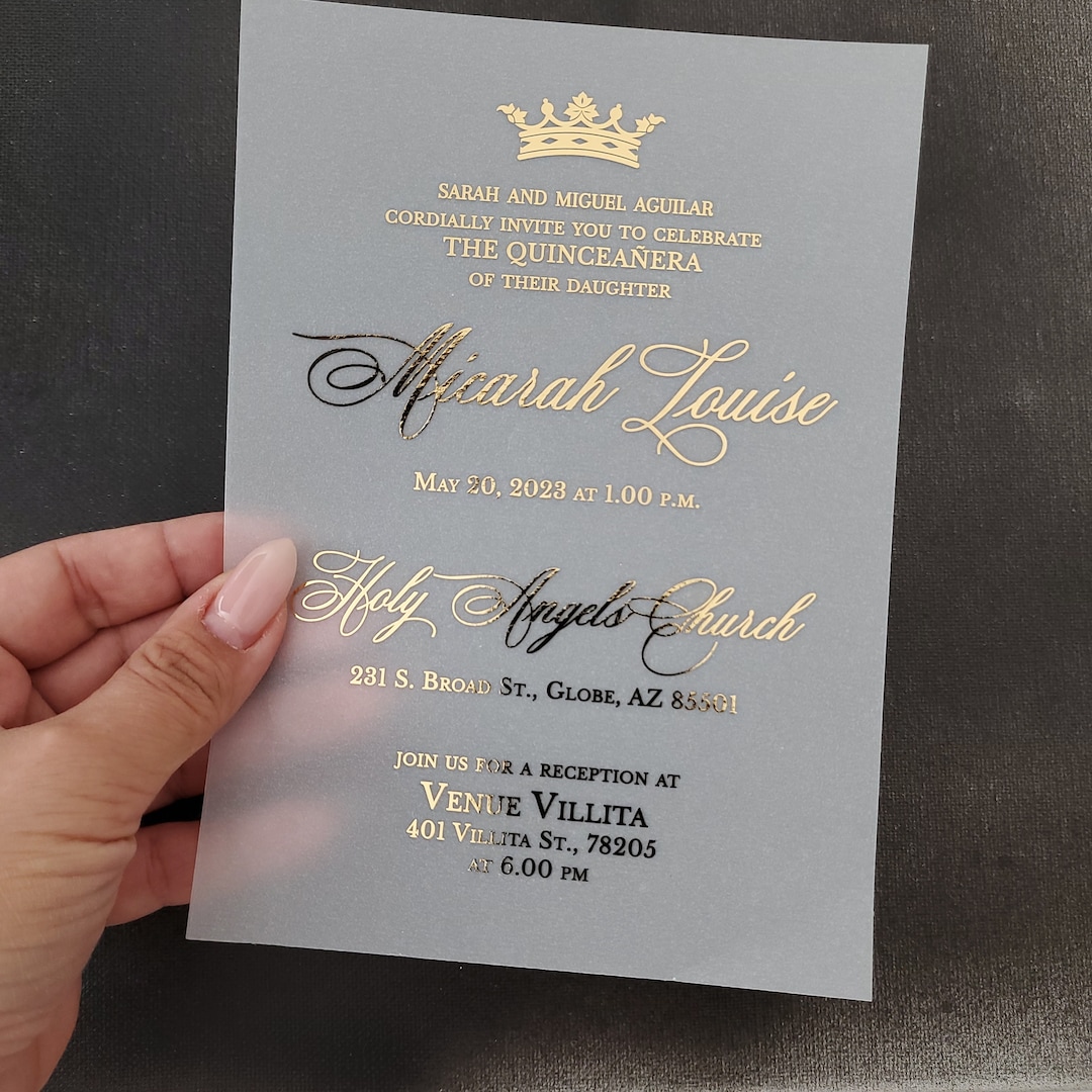 Luxury Vellum Quinceanera Invitations With Gold Crown 15th Birthday