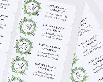 BULK adresetiketten met groen blad, monogram adresstickers voor enveloppen, familie adresetiketten, postadresetiketten