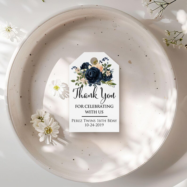 XOXOKristen personalized Navy Floral Thank You Tags attached to a linen favor bag with twine, showing the static “Thank You for Celebrating with Us” message in elegant script.