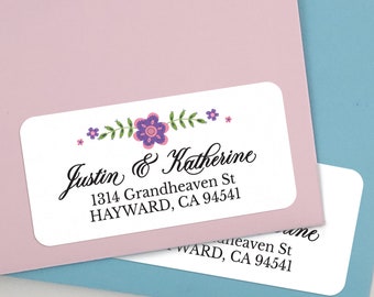 Étiquettes d’adresse de retour florale autocollants de fleurs violettes autocollants d’adresse de mariage autocollants d’enveloppe blanche et rose Invitation autocollant d’envoi