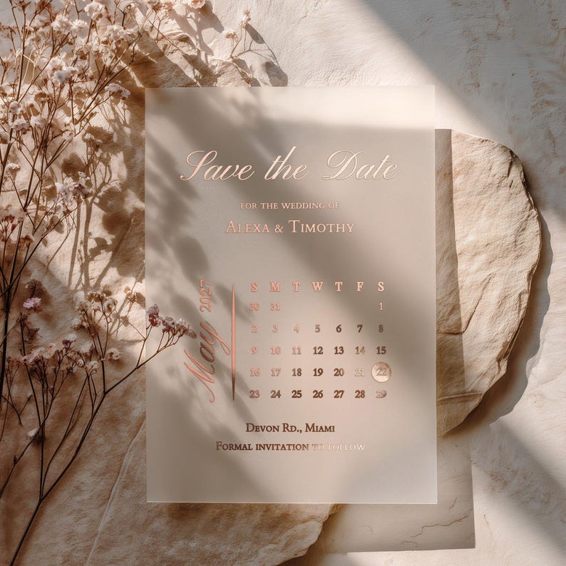 Save the Date with Vellum Calendar, Gold Foil Wedding Save the Date, Frosted Transparent Invitation, Modern Minimalist Wedding Card image 4