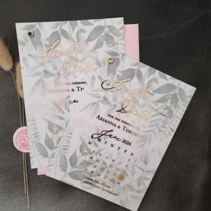 Gold Wedding Save the Date Calendar Vellum Cards with Eucalyptus Photo, Foiled Save the Dates Wedding Invitation-Gold, Rose Gold,Silver Foil