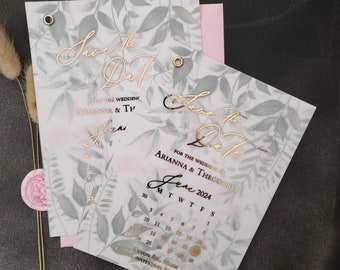 Eucalyptus Calendar Save the Date Card with Foiled Vellum Overlay Gold, Rose Gold, Silver