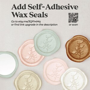 May include: Self-adhesive wax seals in various colors including sage green, soft pink, tan, white, and brown. Each circular seal features an embossed botanical leaf design. Text reads Add Self-Adhesive Wax Seals, Go to etsy.me/3QFh4Mq or find link upgrade in the description, or scan, with a QR code.