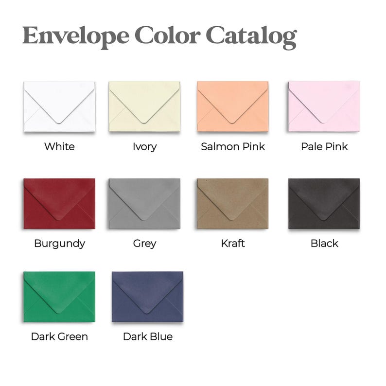 May include: A colour chart showing 10 different envelope colours. The colours are: white, ivory, salmon pink, pale pink, burgundy, grey, kraft, black, dark green, and dark blue.