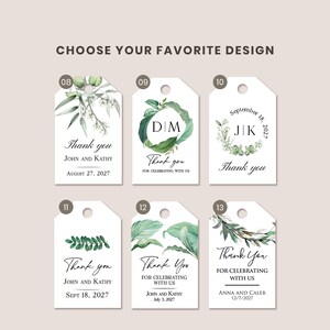 Pu&ograve; includere: Sei etichette regalo rettangolari bianche numerate da 08 a 13, ciascuna con illustrazioni botaniche verdi, testo nero che include 'Thank you', nomi e date. L'intestazione recita 'CHOOSE YOUR FAVORITE DESIGN' in lettere marrone scuro.