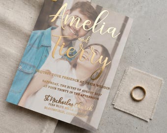 Gold Wedding Invitation with Photo, Semi Transparent Vellum Invitation with Picture, Luxury & Elegant Wedding Invite with Real foil print