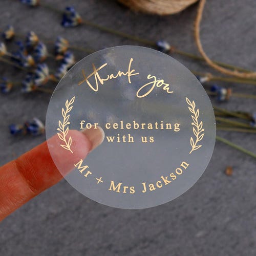 Stickers de remerciement personnalisés pour mariage : étiquettes de faveur modernes en feuille d'or - transparentes ou blanches