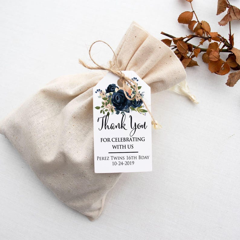 XOXOKristen personalized Navy Floral Thank You Tags with printed “Thank You for Celebrating with Us” text, featuring deep navy blue and blush pink watercolor flowers.