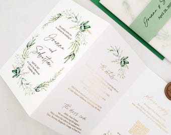 Faire-part de mariage, faire-part de mariage verdure et papier d'aluminium, suite d'invitations de mariage botanique feuillage avec RSVP, anneau « Save the Date », vélin