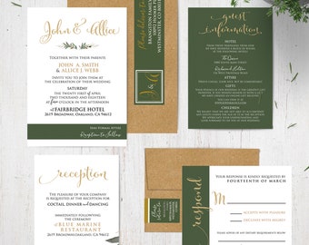 Green and White Wedding Invitation Suite Gold Wedding Invitations Modern Rustic Wedding Invitation Botanical Invitations Garden Wedding