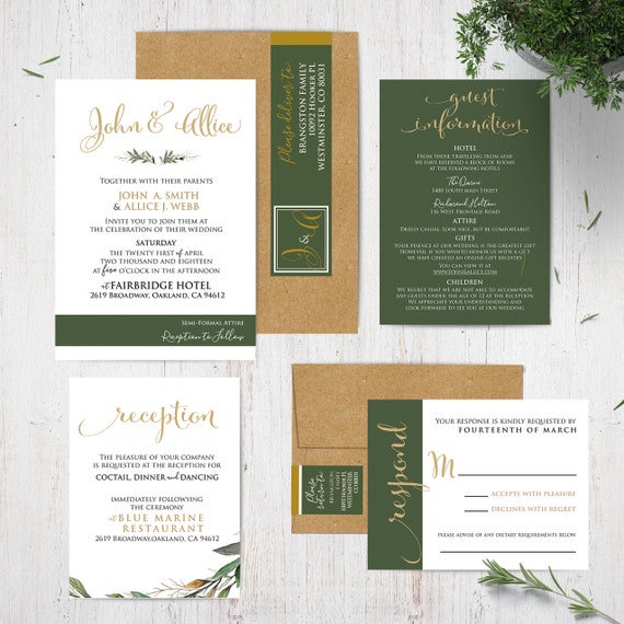 Green And White Wedding Invitation Suite Gold Wedding Etsy