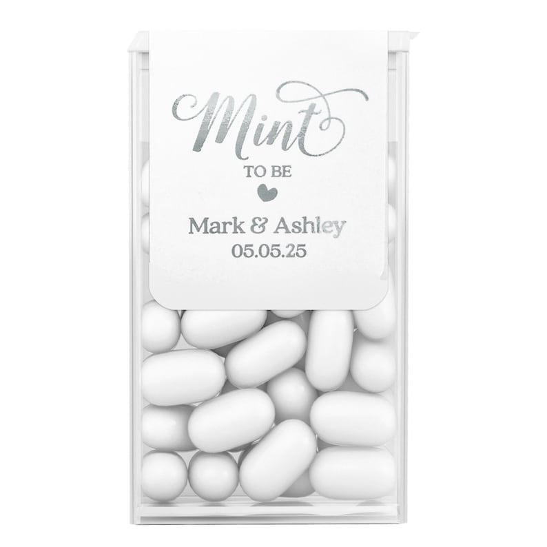 Personalized Calligraphy Mint to be Tic Tac Labels Stickers for wedding favors or Bridal shower party gifts in silver with custom name and wedding date