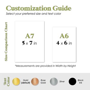 May include: A chart showing two different sizes of printable art prints, labeled A7 (5 x 7 inches) and A6 (4 x 6 inches). The chart also shows a selection of text colors: gold (default), rose gold, silver, and black ink.