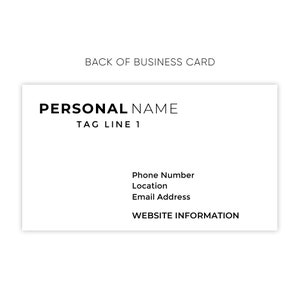 display of the back of the card with personal name, tagline, phone number, location, email address, and website information